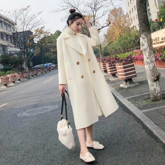 Hepburn Style Woolen Coat Women's Mid-length Korean Style Loose Woolen Coat Plus Cotton Thick Autumn and Winter Woolen Coat