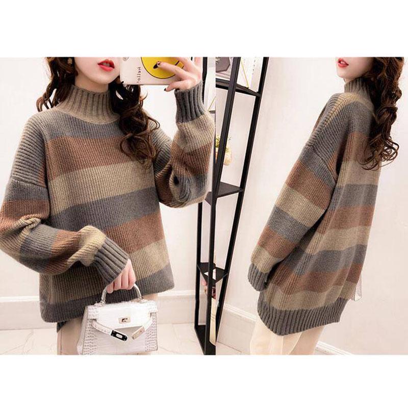 Women's Striped Turtleneck Sweater Long Sleeves Loose Mid-length Pullover Sweater Jumper