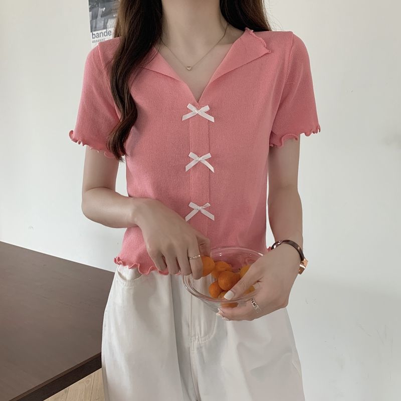 V-neck Short-sleeved T-shirt Women's Summer Slim Short Fungus Edge Knitted Sweater Ice Silk Thin Top
