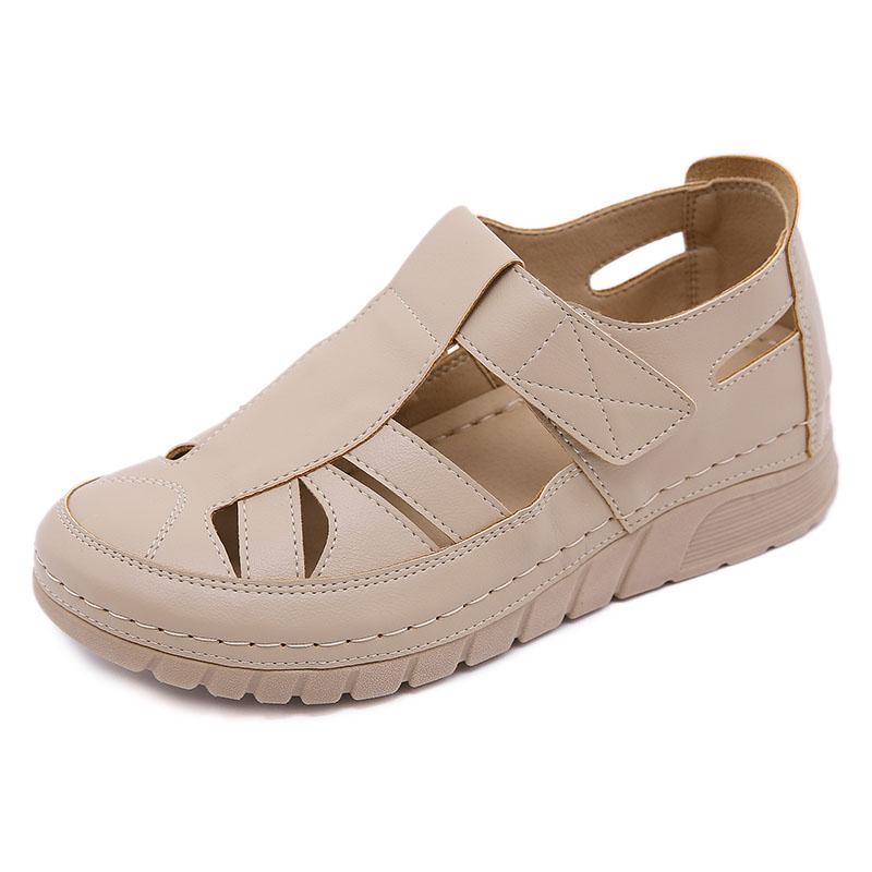Office Ladies Spring Summer Large Size Breathable Flat Sandals Women's Autumn Solid Color Hollow Casual Leather Single Sandals