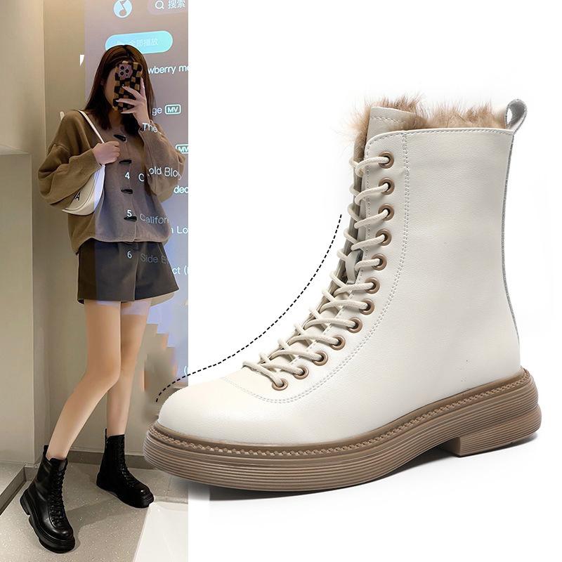 Winter Boots Women Black White Leather Boots Gothic Platform Shoes Fashion Ankle Booties Flat Woman Warm Fur Boots