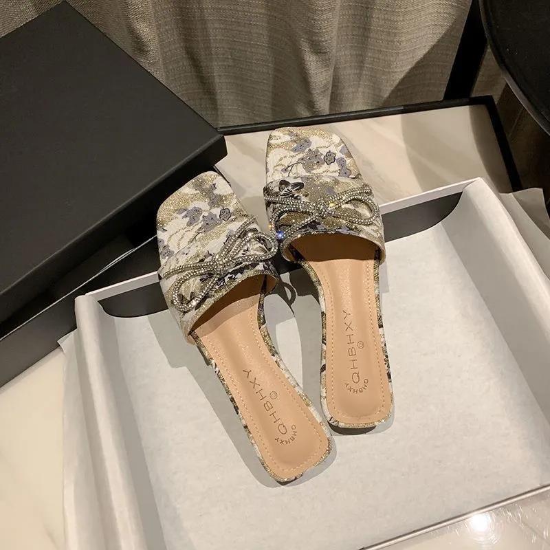 Slippers Women's Summer Wear Thick-heeled Sandals and Slippers All-match Bow-knot Square Toe Korean Style Non-slip