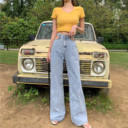 WTEMPO Retro Hollow High Waist Spring Mop Jeans Women Loose Thin Skinny Wide Leg Pants Wild Long Pants
