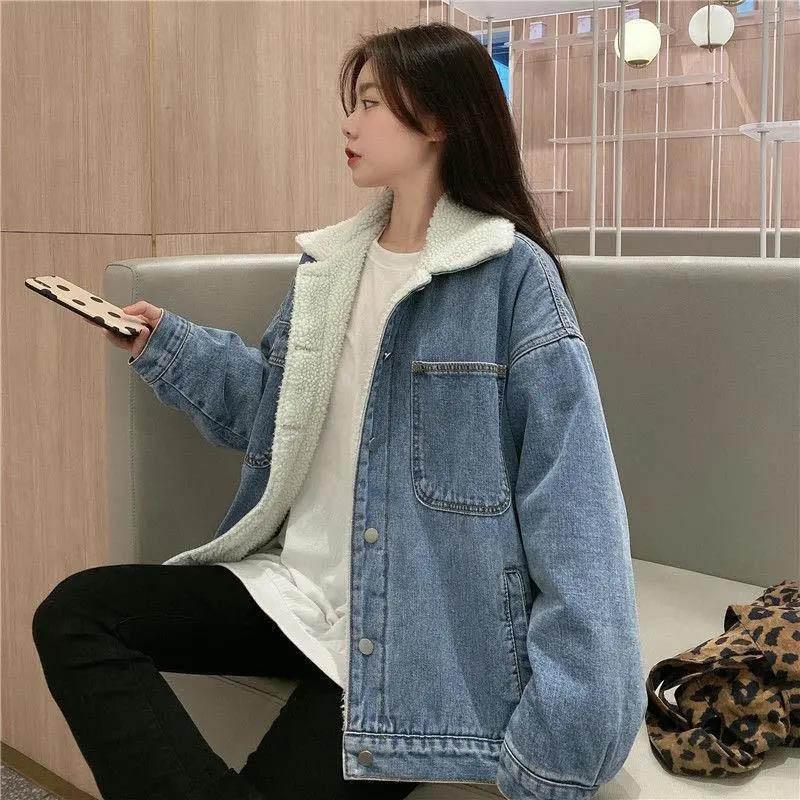 Women's Thick Denim Jacket Autumn and Winter Korean Style Wild Mid-length Lamb Hair Plus Velvet Cotton Clothes Women