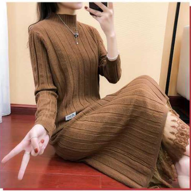 Women Sexy Winter Knitted Tops and Dress 2 Piece Set Fashion Lace DRESS and Sweater Two Piece Set