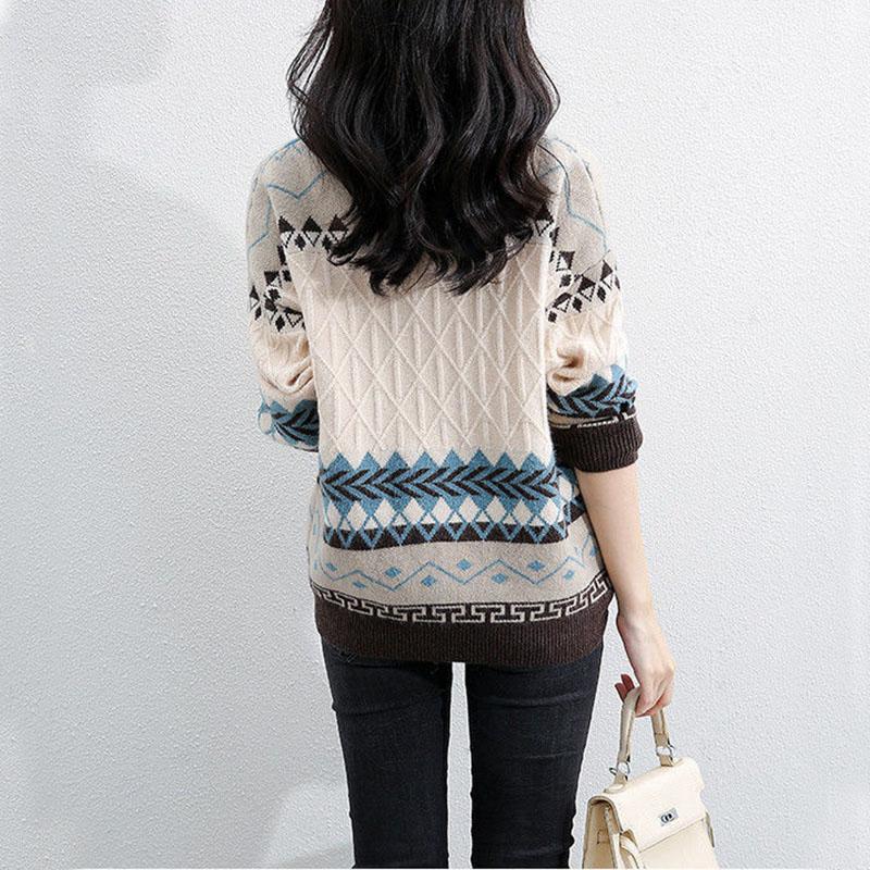 Sweater Women's Pullover Knitwear Korean Loose Plus Velvet Round Neck Tops Trending Lattice Sweater Autumn and Winter Tops