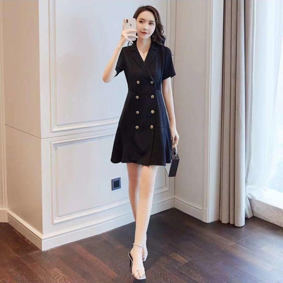 Vintage Suit Collar Short Sleeve A Line Dresses Elegant France Office Ladies Dress Retro Robe Dress