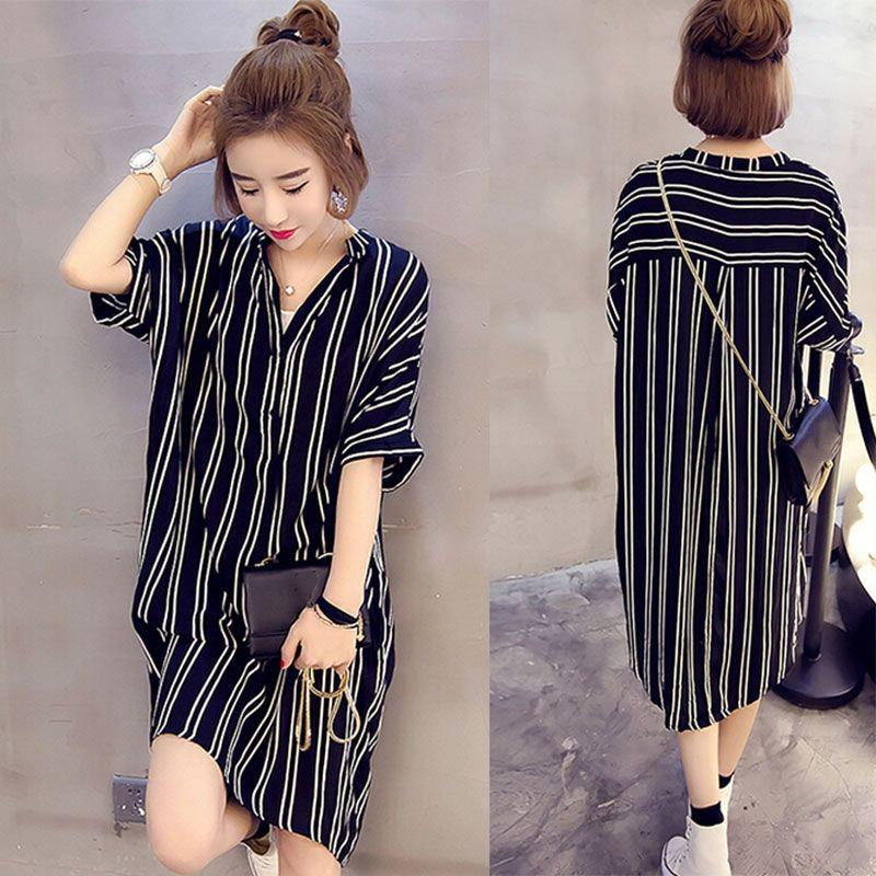 Summer Striped Shirt Dress Women Fashion Casual Lapel Short Sleeve Pocket Irregular Striped Short Dress Women