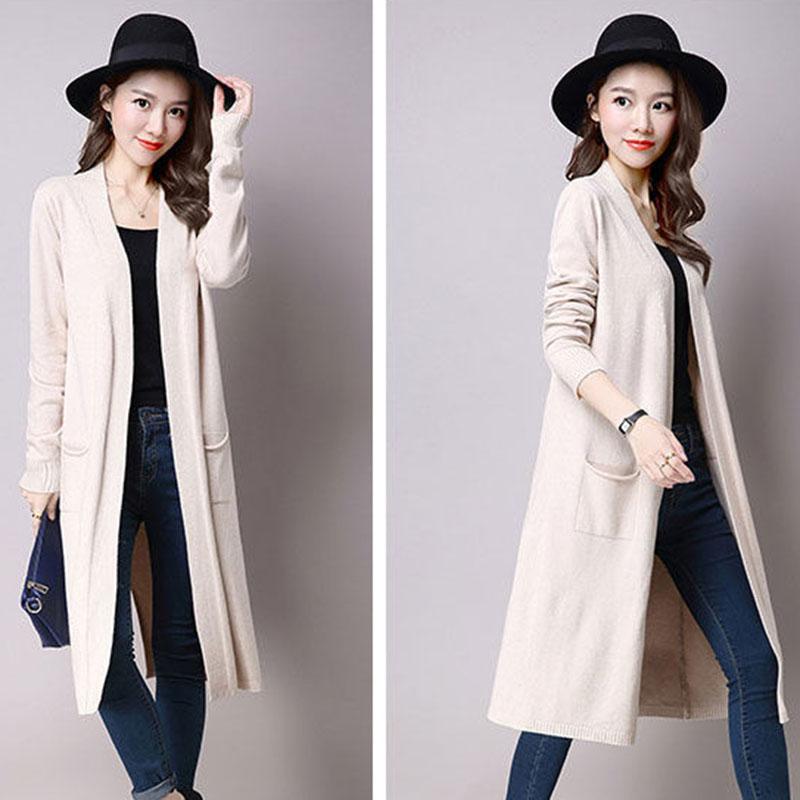 Spring and Autumn Long Knit Jacket Long Sleeve Cardigan Loose Sweater Student Slim Temperament Female Coat