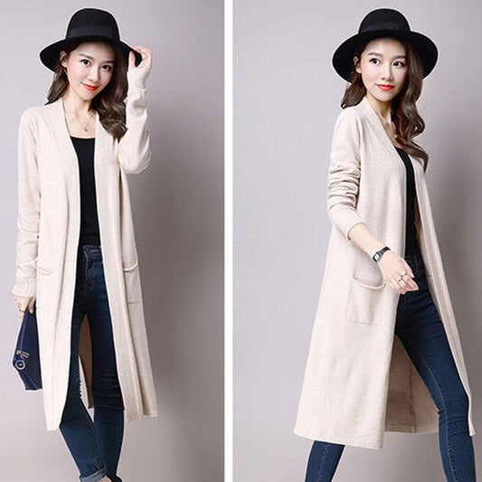 Spring and Autumn Long Knit Jacket Long Sleeve Cardigan Loose Sweater Student Slim Temperament Female Coat