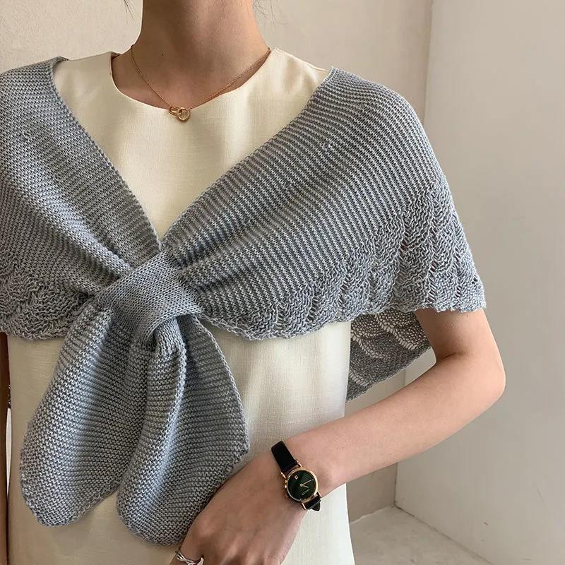 WTEMPO Summer Knitting Little Shawl Women's Thin Solid Color Knotted Neckties