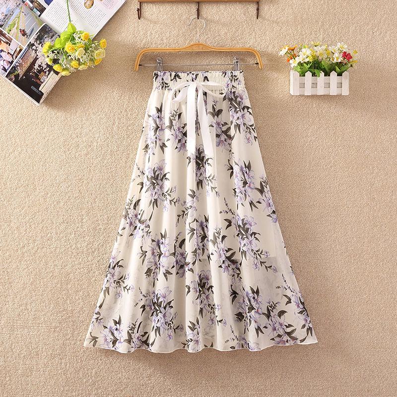 Summer High Waist Chiffon Women Midi Skirts Casual Floral Print Female Skirt Maxi Beach Skirt