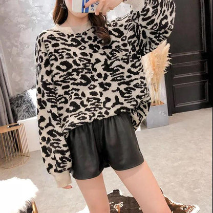 Autumn and Winter Ladies Sweater Leopard Print Knit Sweater, Oversized Casual Loose O Neck Knitwear Top