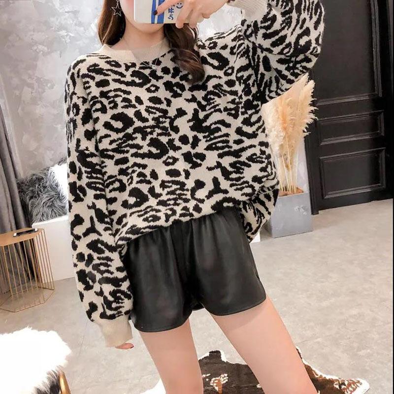 Autumn and Winter Ladies Sweater Leopard Print Knit Sweater, Oversized Casual Loose O Neck Knitwear Top