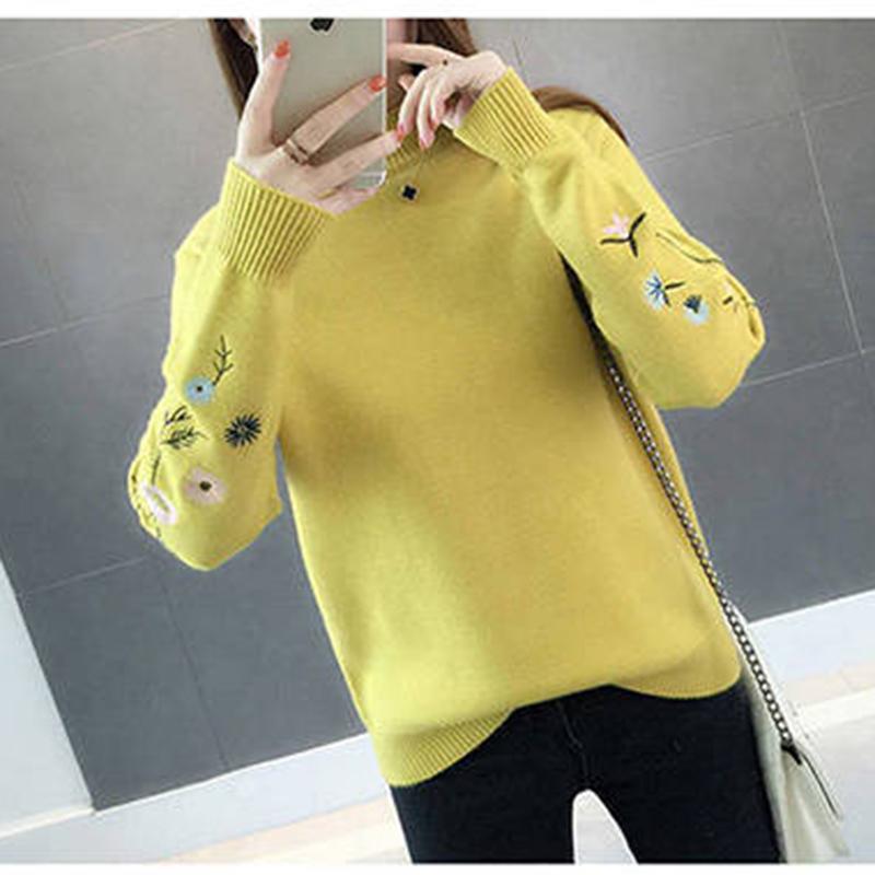 Pofulove Women's pullover top Embroidered half turtleneck sweater loose large size bottoming shirt long sleeve sweater winter