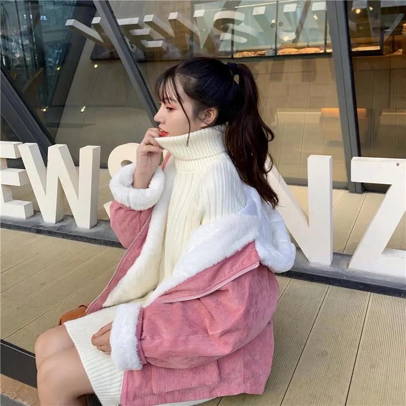 Cotton Plus Velvet Loose Hooded Corduroy Long-sleeved Cotton-padded Jacket Female Student