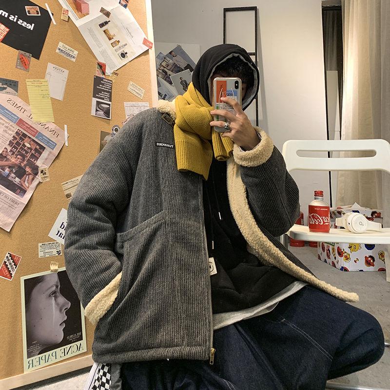 Lamb Wool Coat Men's Ins Style Korean Version of The Trend Plus Velvet Thickening Couple Cotton Winter Short Lapel Corduroy Cotton Coat