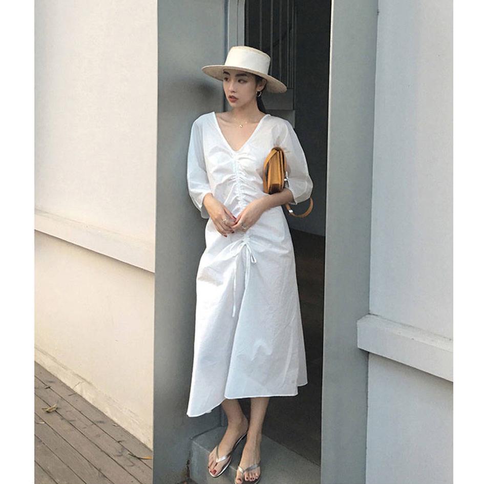 Elegant Chic Summer Drawstring V-Neck Women Pleated Retro Solid Short Sleeve Sexy Ladies Long Dress