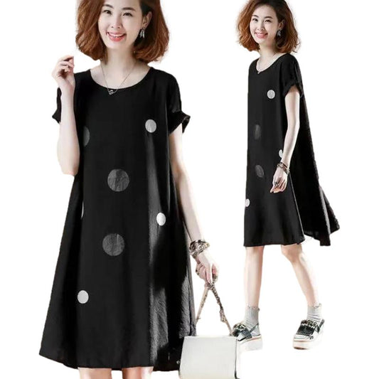 Dress Female Summer Leisure All-match Large Size Wave Dot Dress Black T-shirt Skirt Long Short Sleeve A-line Skirt
