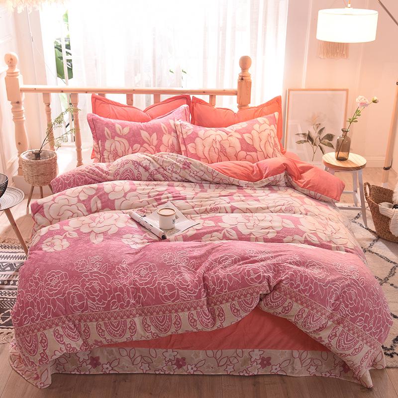 5D Carved Velvet Four-piece Crystal Velvet Warm Quilt Cover Sheets Thick Warm Velvet 4Pcs Set