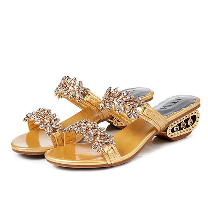 Summer Rhinestone Sandals and Slippers Women's Shoes Fashion Mid-heel Thick Heel Korean Style Hollow Heel Slippers Sandals