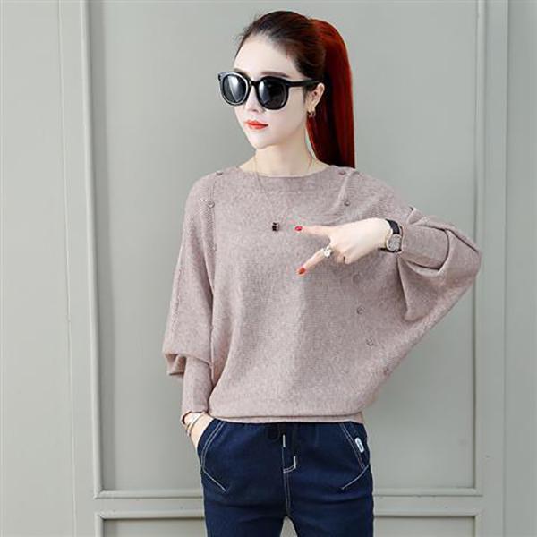 New Women hollow Pearl Beaded O-Neck Sweater Long Sleeve Slim Knit Pullover Sweater for Winter