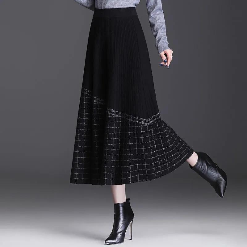 Knitted Plaid Skirt Women's Autumn Winter High Waist Mid-length A-line Skirt Thickened Large Swing Skirt Long Skirt