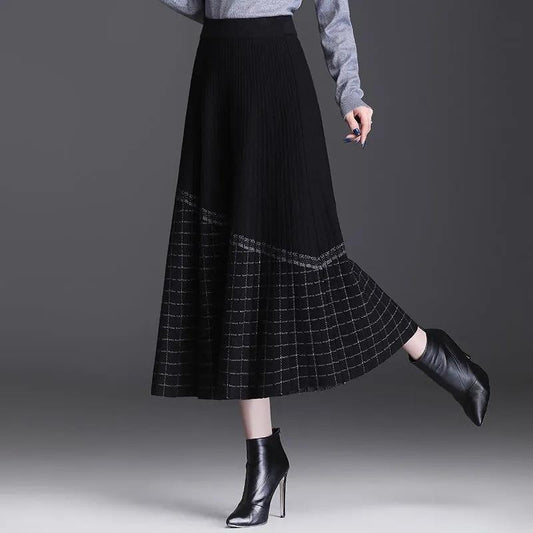 Knitted Plaid Skirt Women's Autumn Winter High Waist Mid-length A-line Skirt Thickened Large Swing Skirt Long Skirt