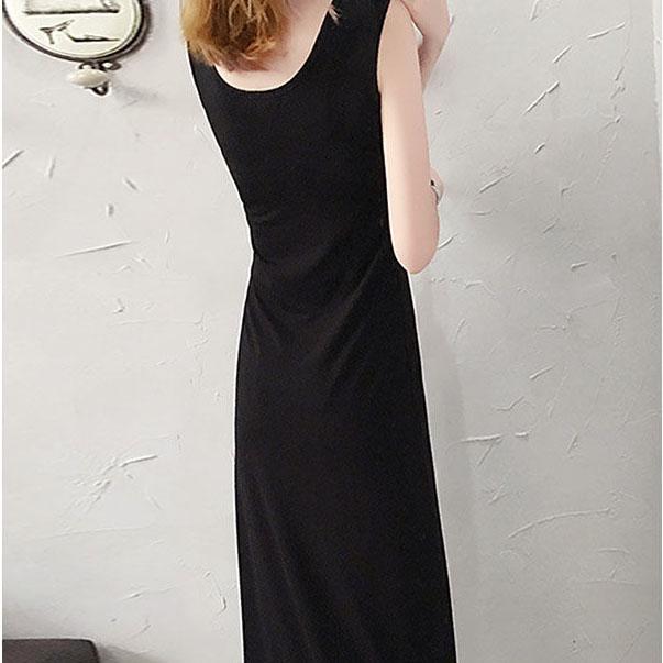 Women's Summer Simple and Elegant Sleeveless Floor Long Slim Black Vest with A-line Dress