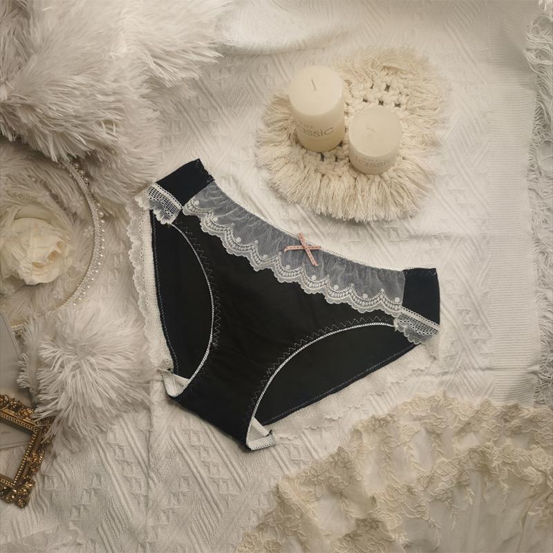 Princess Style Ladies Panties Embroidered Lace Trim Contrast Color Bow Cotton Briefs Women