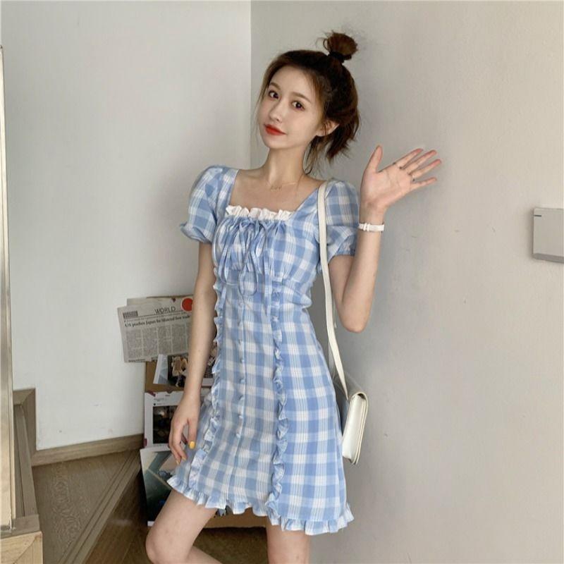 Female Spring and Summer Simple and Gentle Waist Close Show Thin Bubble Sleeve Lattice French Niche Dress