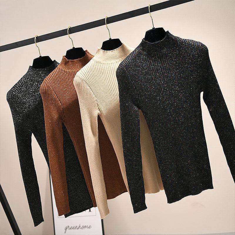 Autumn Winter Shiny Lurex Knit Sweater Women Long Sleeve Pullover  Tops Bottoming  Sweaters Ladies Jumper