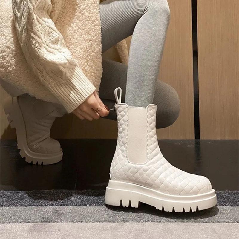 Fur Snow Boots Women's Thick-soled Plus Velvet Warm Cotton Boots In Tube Martin Boots Leather Back Zipper Diamond Short Boots