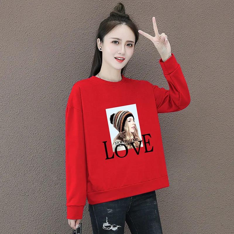 Women's Spring Long Sleeve Large Size Print Casual Pullover Autumn Loose Cotton Round Collar Tops