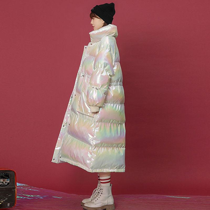 Colorful Bright Face Stand-up Collar Cotton-padded Jacket Women's Knee-length Loose Waist Waist Slimming Bread Clothes Warm Cotton-padded Jacket
