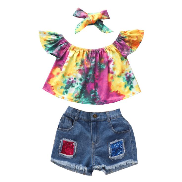 Summer Girls' Hole Shorts One Shoulder Top Denim Shorts Set Three Piece Children's Denim Sequins Shorts Suit