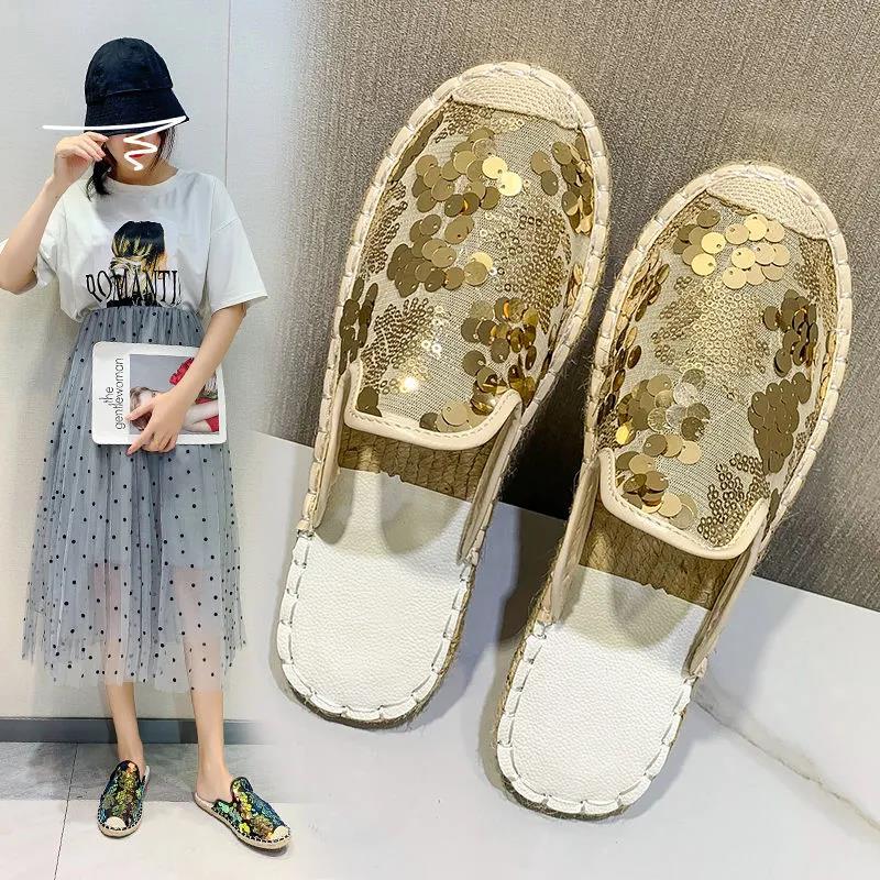Baotou Half Slippers Female Summer Flat-bottomed Lazy One-step Outside Wear Net Red Sequin Fisherman Sandals and Slippers