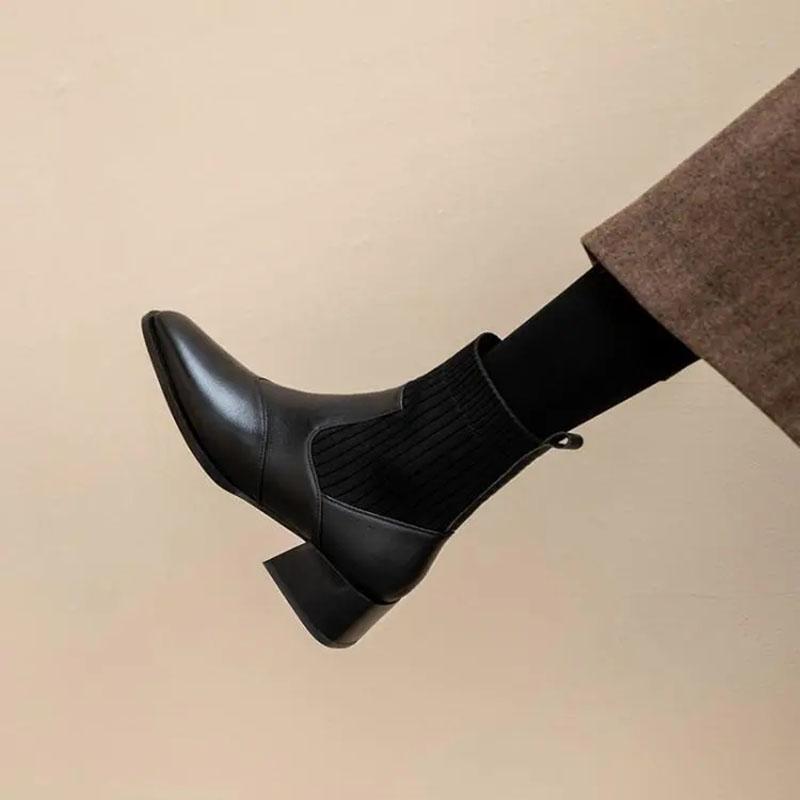 Chelsea Boots Flat Short Boots Autumn and Winter British Style Winter Boots Thick Heel Knitted Stretch Martin Boots Women
