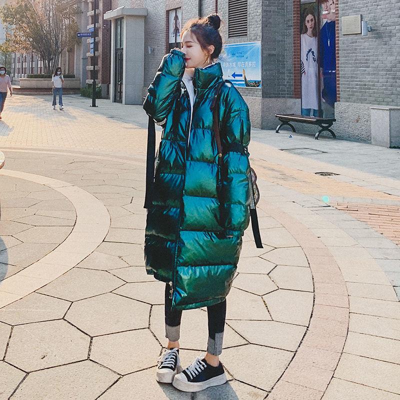 Hoodless Stand-collar Down Padded Jacket Women's Mid-length Winter Wear Loose Over-the-knee Bread Jacket Thick Shiny Cotton Warm Coat