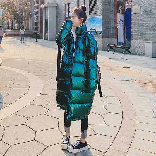 Hoodless Stand-collar Down Padded Jacket Women's Mid-length Winter Wear Loose Over-the-knee Bread Jacket Thick Shiny Cotton Warm Coat