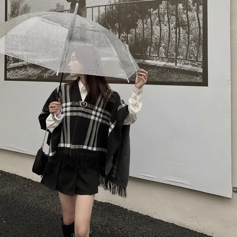 Loose Shawl Cloak Wear on Both Sides, Outer Cardigan Jacket Knitted Sweater Women's Temperament Shawl Cloak Sweater Plaid Cardigan