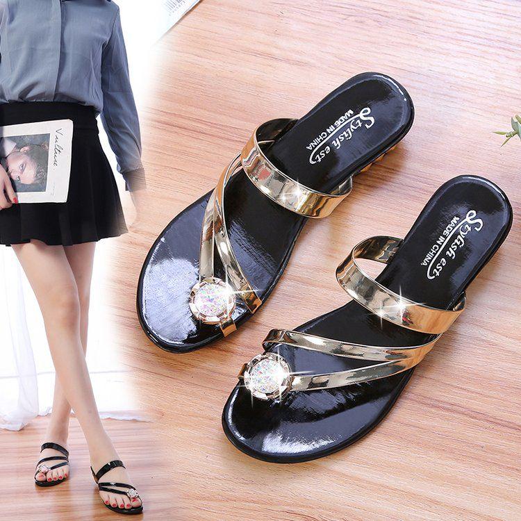 Rhinestone Sandals and Slippers Female Summer Korean Student Flip-flops Fashion Wear Clip Feet Sandals Female Wild Roman Women's Shoes Tide