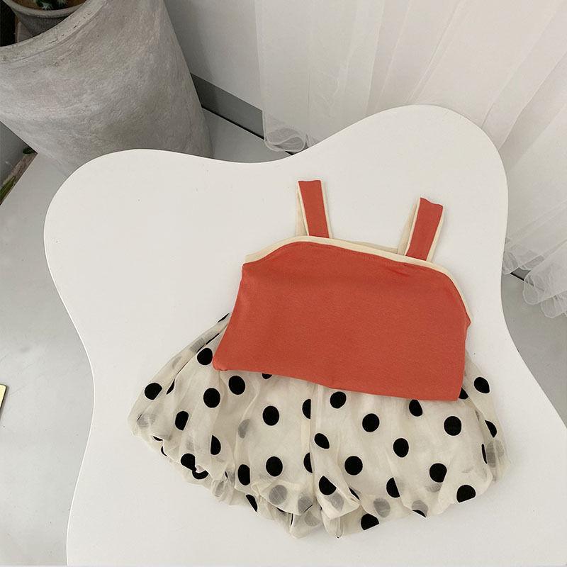 2PCS Children Clothing Set Spring Summer Sling Girls Suits Wave Point Sleeveless Tops + Pants Clothing Set