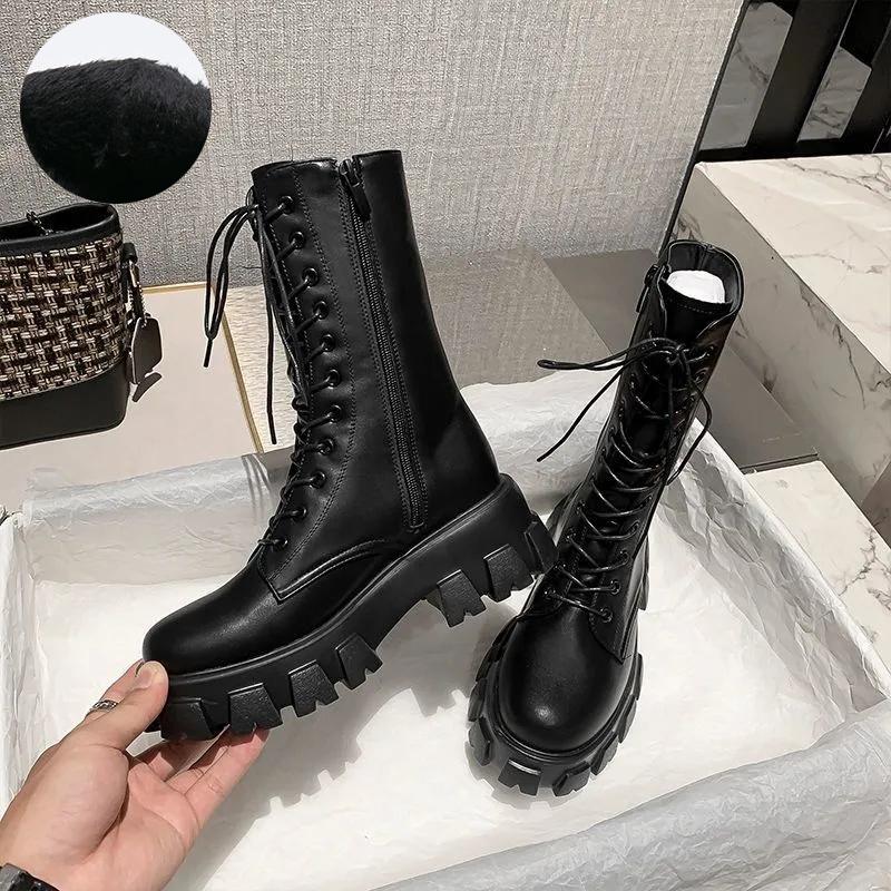 Platform Boots Women Shoes White Black PU Leather Booties Warm Ankle Boots Lace Up Combat Boots Flat Punk Goth Winter Autumn