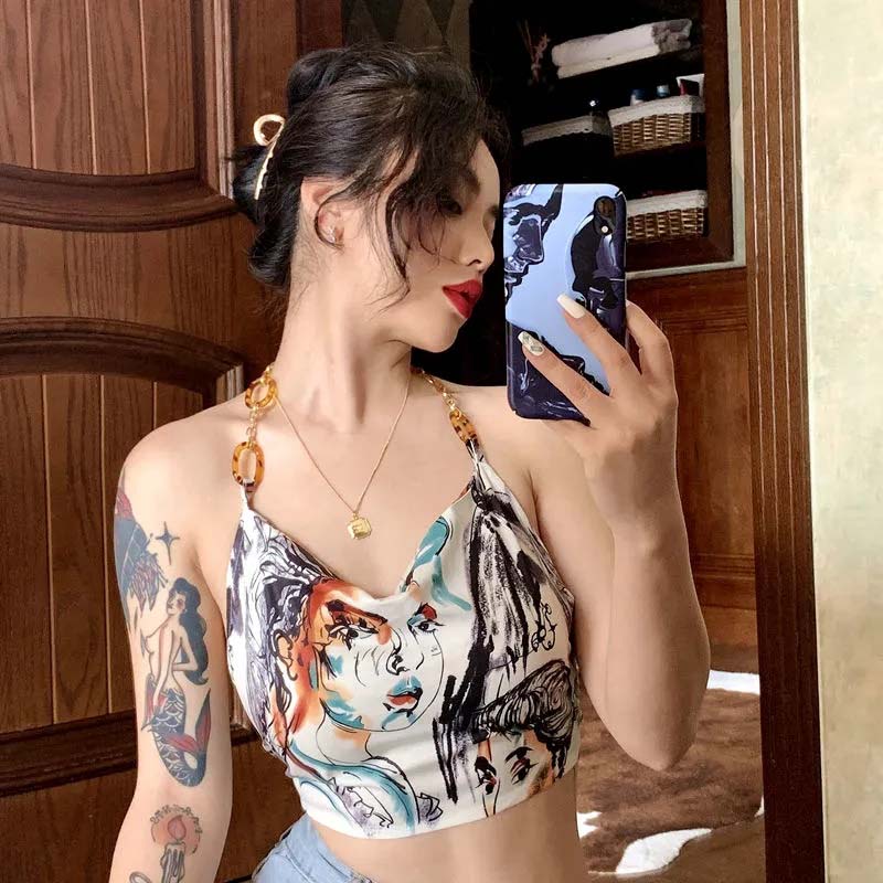Street Style Face Print Lace-up Halter Vest Women's Summer Sexy Beauty Back Crop Top Beaded Strap Camisole Sleeveless Beach Wear Cool Steetwear Top