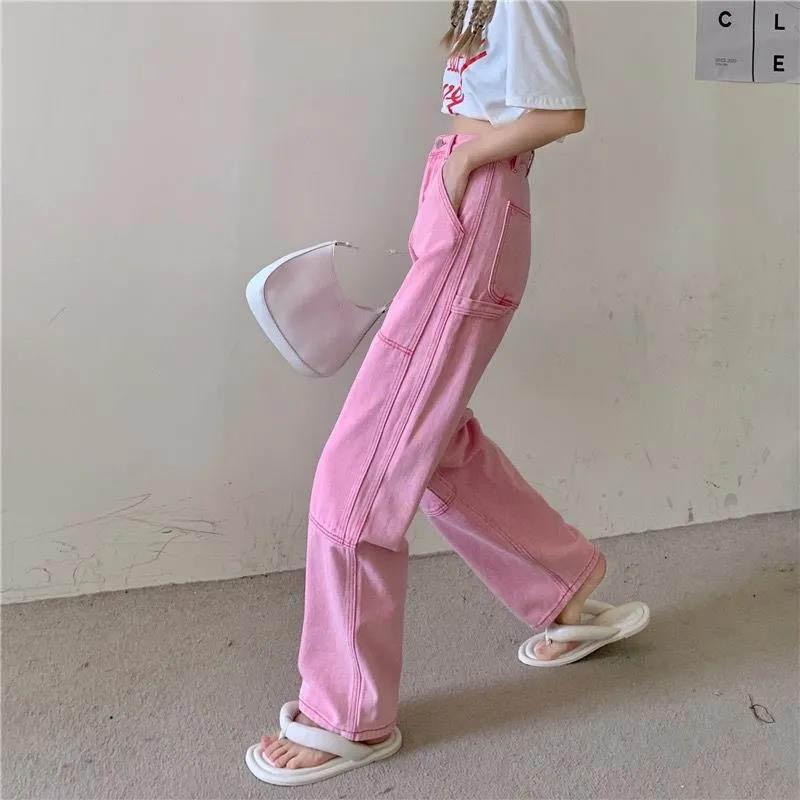 Pink Jeans Female Spring and Autumn High Waist Loose Thin Pink Wide-leg Pants Small Design Sensation Straight Trousers