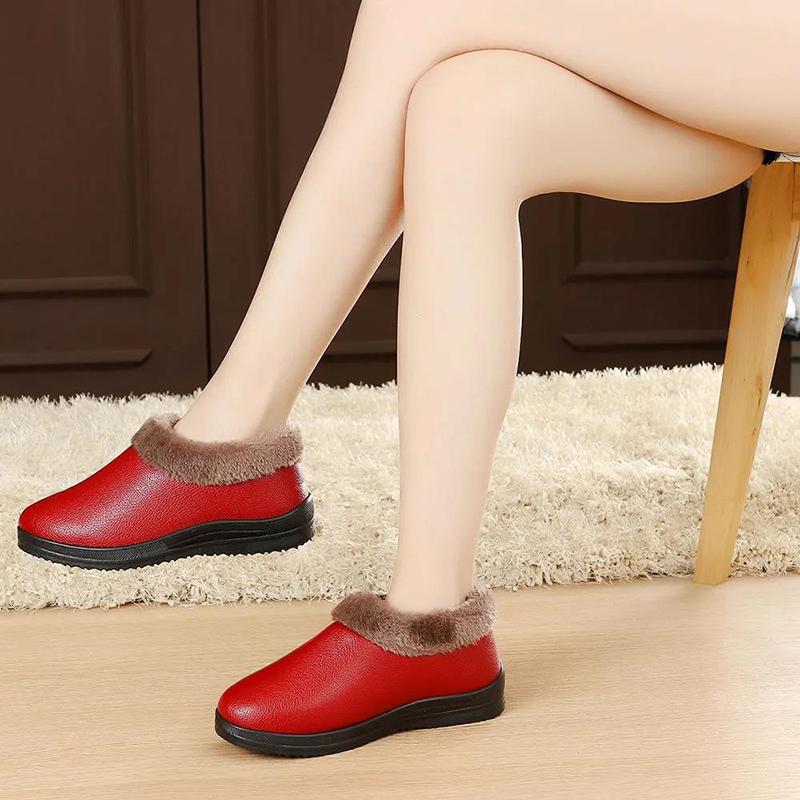 Winter Leather Women's Cotton Shoes Plus Fleece Warm Cotton Shoes Casual Non-slip Mother Shoes