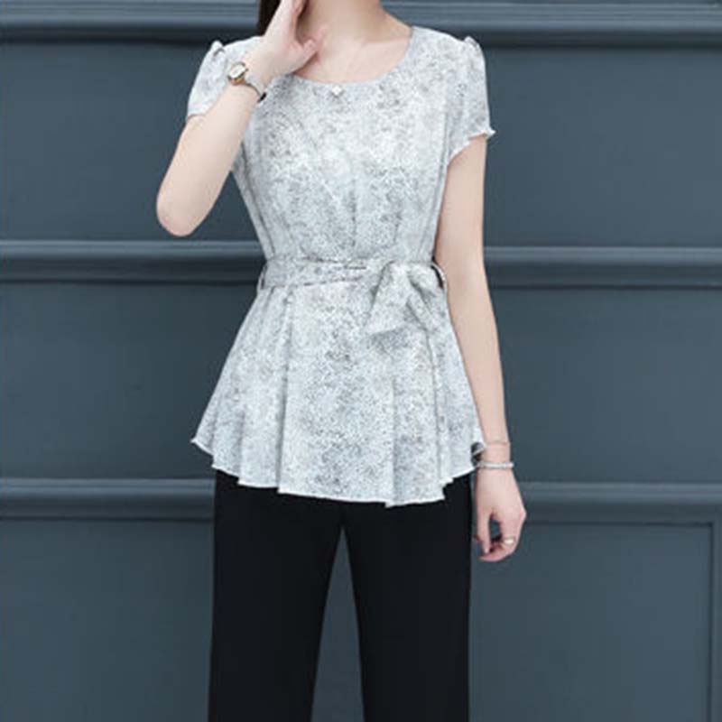Women's Summer Short Sleeve Chiffon Shirt Waist Tie Round Neck Printed Top