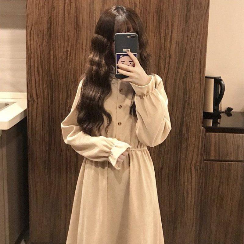 Pofulove cute student Vintage long skirt top Inner wear Women's autumn and winter retro dress