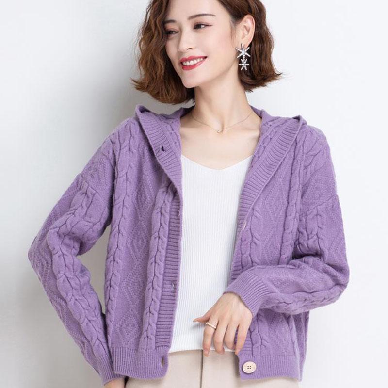 Autumn and Winter Knitted Hoodie Cardigan Short Loose Top Simple Solid Color Female Jacket